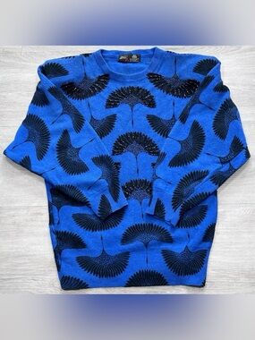 Vintage D.G. Beaded Crane Sweater Blue Angora Lambswool Blend Oversized 90s Boho
